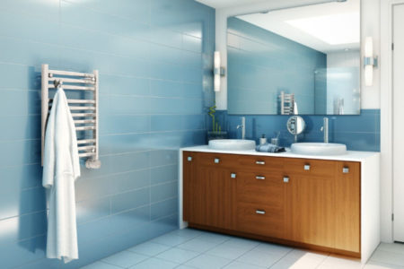 A home steam shower with a towel rack